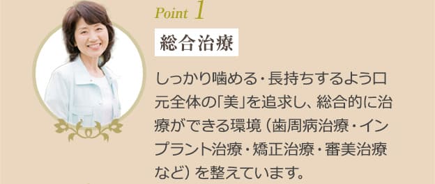 Point1　総合治療　しっかり噛める・長持ちするよう口元全体の｢美｣を追求し、総合的に治療ができる環境（歯周病治療・インプラント治療・矯正治療・審美治療など）を整えています。